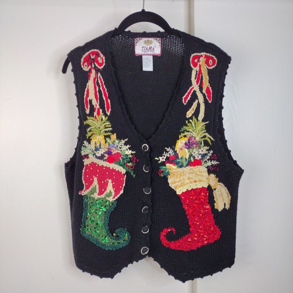 Vintage Ugly Sweater Christmas Stocking Vest Womens Sz L 90s Beaded Bell Sequins